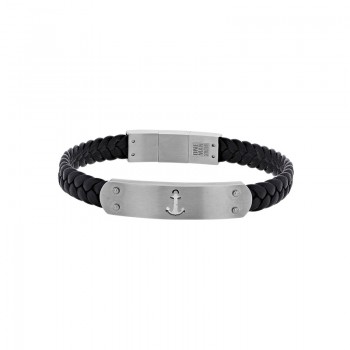 Bracelet Cuir tressé Noir et Plaque Acier Ancre Marine