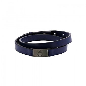 Bracelet Double tour en Cuir Bleu et Ancre Marine en Acier vieilli