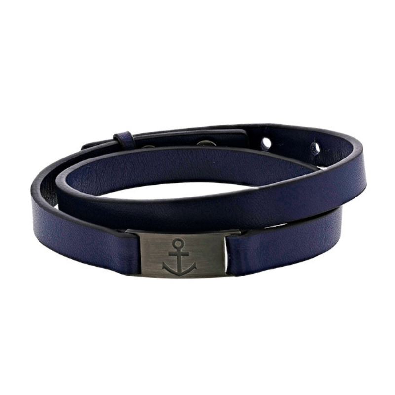 Bracelet Double tour en Cuir Bleu et Ancre Marine en Acier vieilli