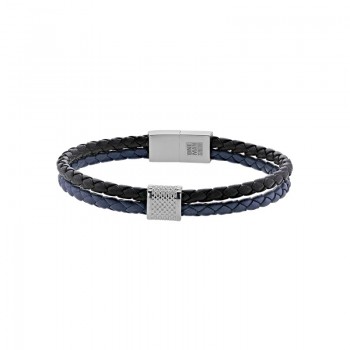 Bracelet Cuir Tressé 2 rangs Noir et Bleu Marine