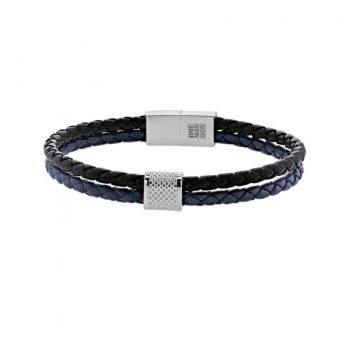 Bracelet Cuir Tressé Noir et Bleu Marine 2 Rangs