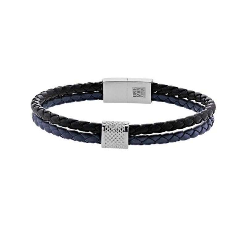 Bracelet Cuir Tressé Noir et Bleu Marine 2 Rangs