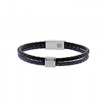 Bracelet Cuir Tressé Noir et Bleu Marine 2 Rangs