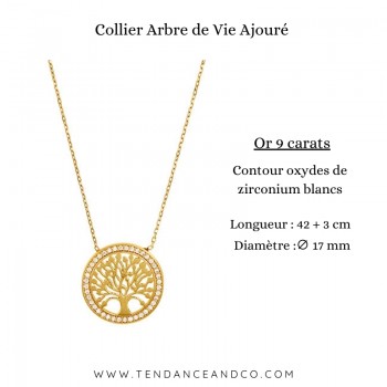 Collier arbre de vie or 9 carats contour oxyde zirconium